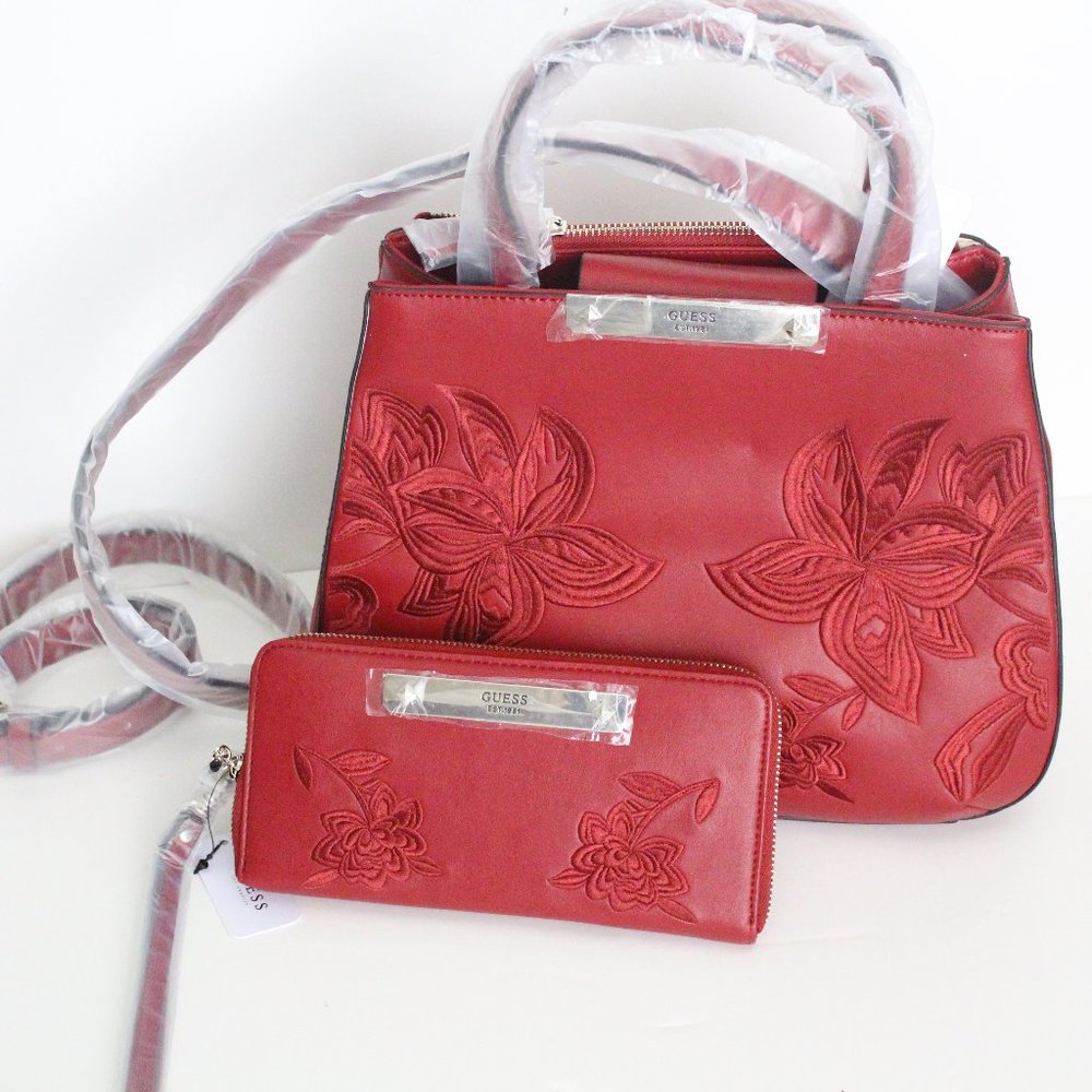 NWT Guess Britta Embroidered Satchel w/ matching Wallet